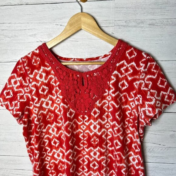 Charter Club Top Womens Size P/L Red & White Geometric Embroidered Chest Cotton - Picture 7 of 16